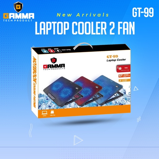 Gamma GT-99 Laptop Cooling Fan, 2 Fan, Supports Up to 17 Inch Laptop, LED Light, Black 