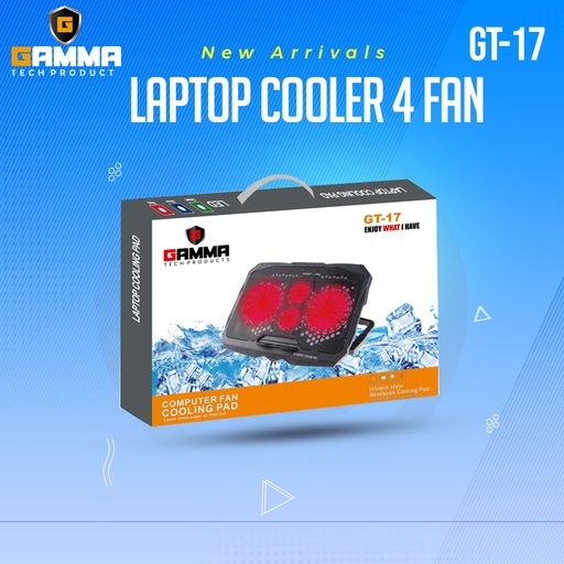 Gamma GT-17 Laptop Cooling Fan, 4 Fan, Supports Up to 17 Inch Laptop, LED Light, Black