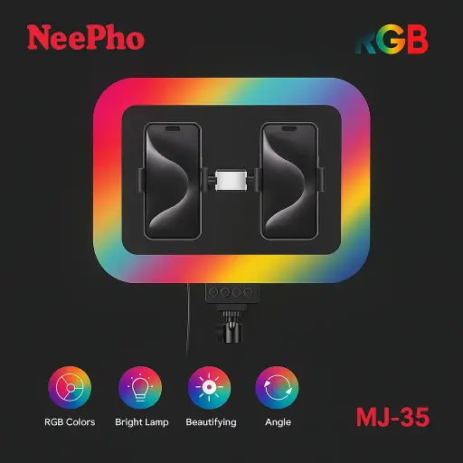 [NeePho MJ-35] NeePho MJ-35 RGB LED Dual Phone Holder Ring Light – Adjustable Soft Fill Light for Live Streaming, Beauty & Content Creation"